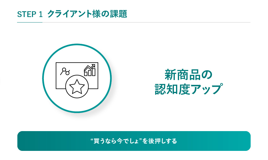 STEP1 クライアント様の課題 新商品の認知度アップ “買うなら今でしょ”を後押しする